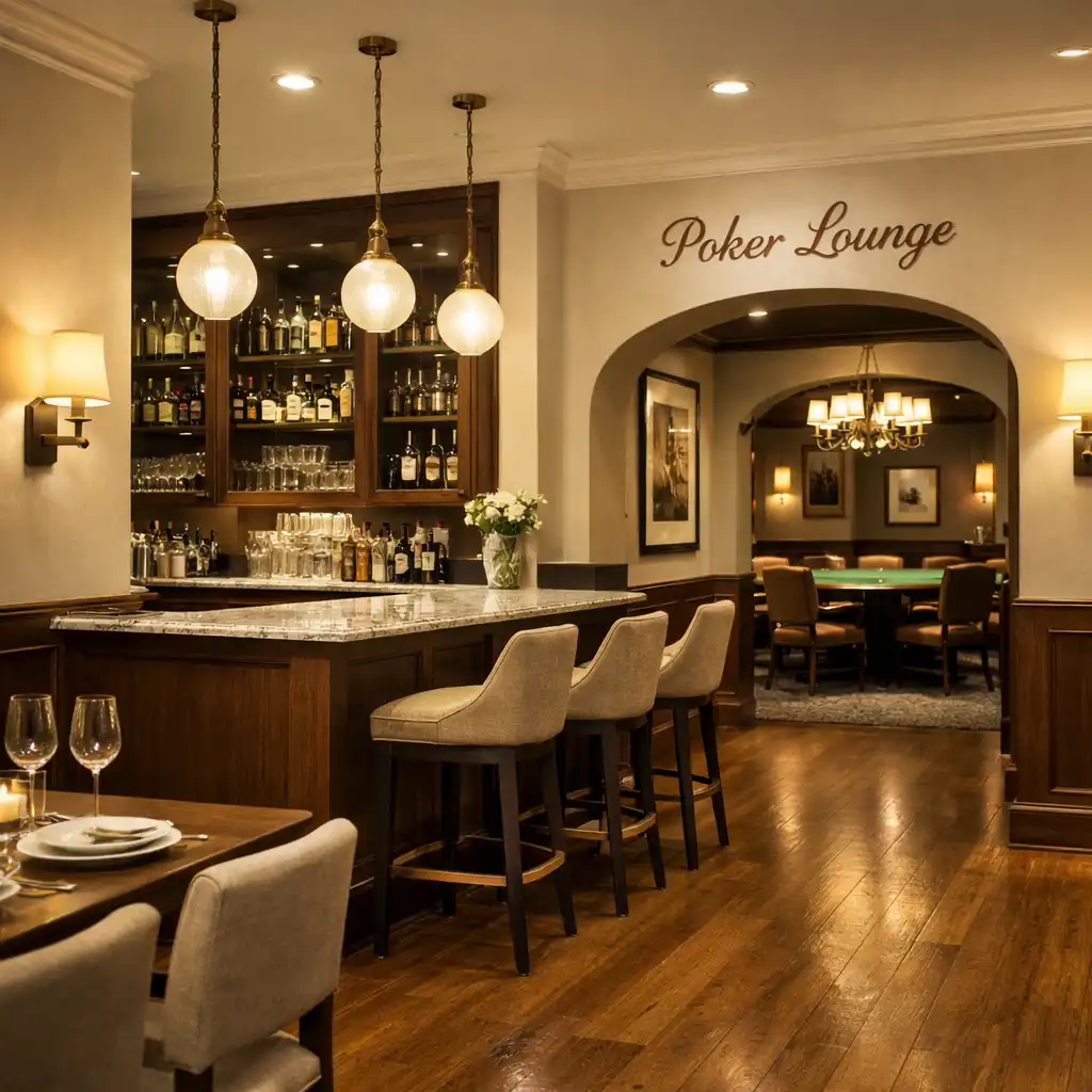 Interior view showing the transition from the dining area to the poker lounge with a bar counter and warm lighting