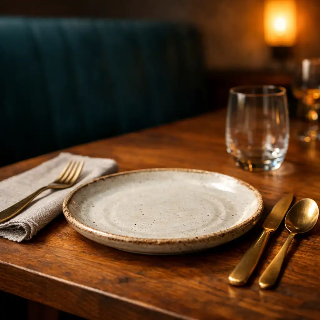 Close-up of a timber dining table with hand-thrown ceramic plate, brushed brass cutlery, and linen napkin