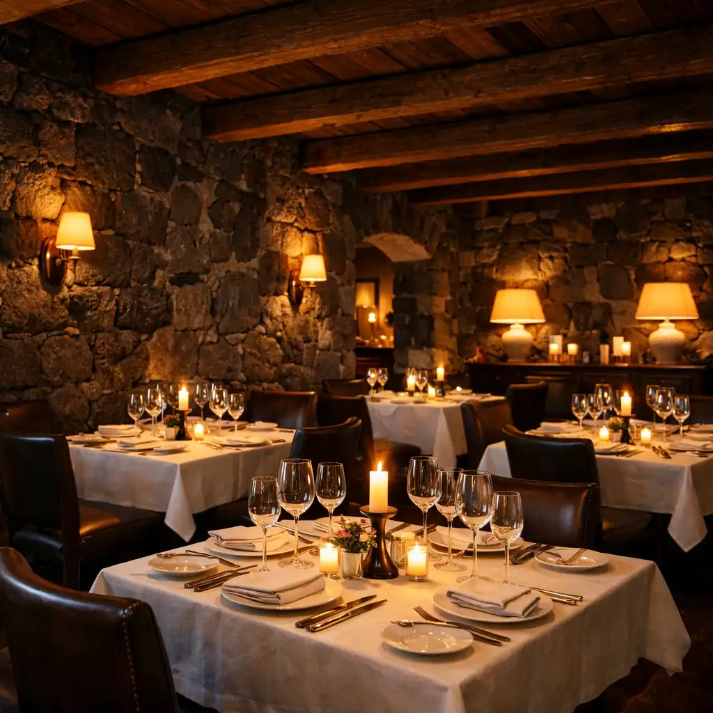Refined restaurant dining room with volcanic stone walls, timber beams, and candlelit tables