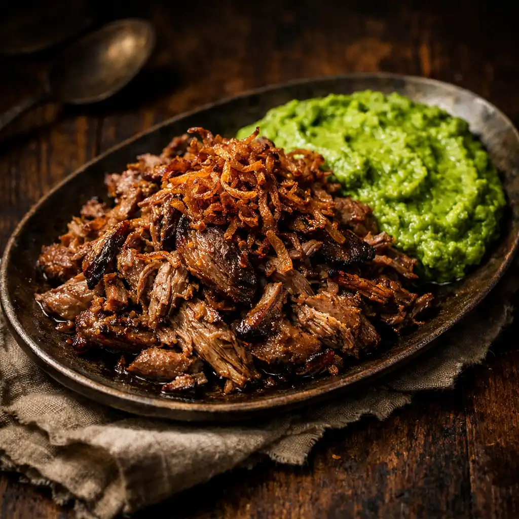 Slow-braised lamb shoulder pulled and arranged on a rustic platter with crispy shallots and minted pea purée