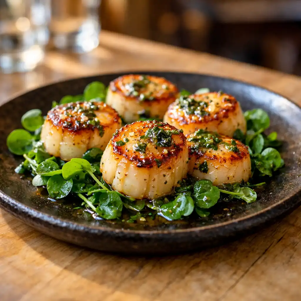 Seared scallops with golden crust, drizzled with kawakawa butter on a bed of watercress