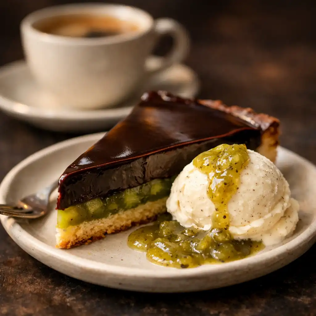 Slice of dark chocolate and feijoa tart with vanilla bean ice cream and feijoa compote