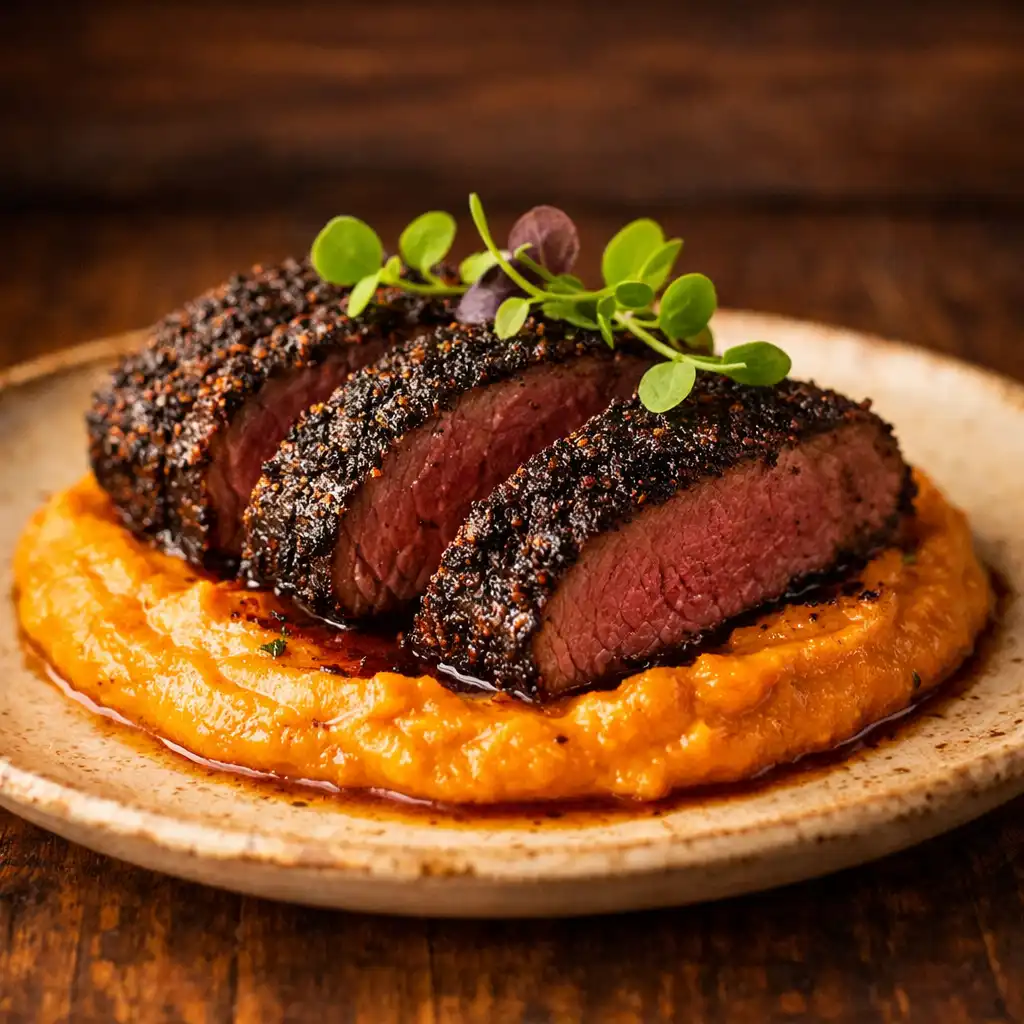 Charred venison loin with horopito crust on smoked kumara purée, garnished with microgreens
