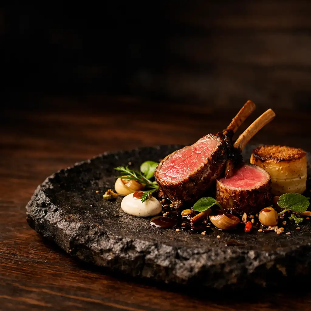 A beautifully plated New Zealand lamb dish on a dark stone plate with charred edges and native herbs