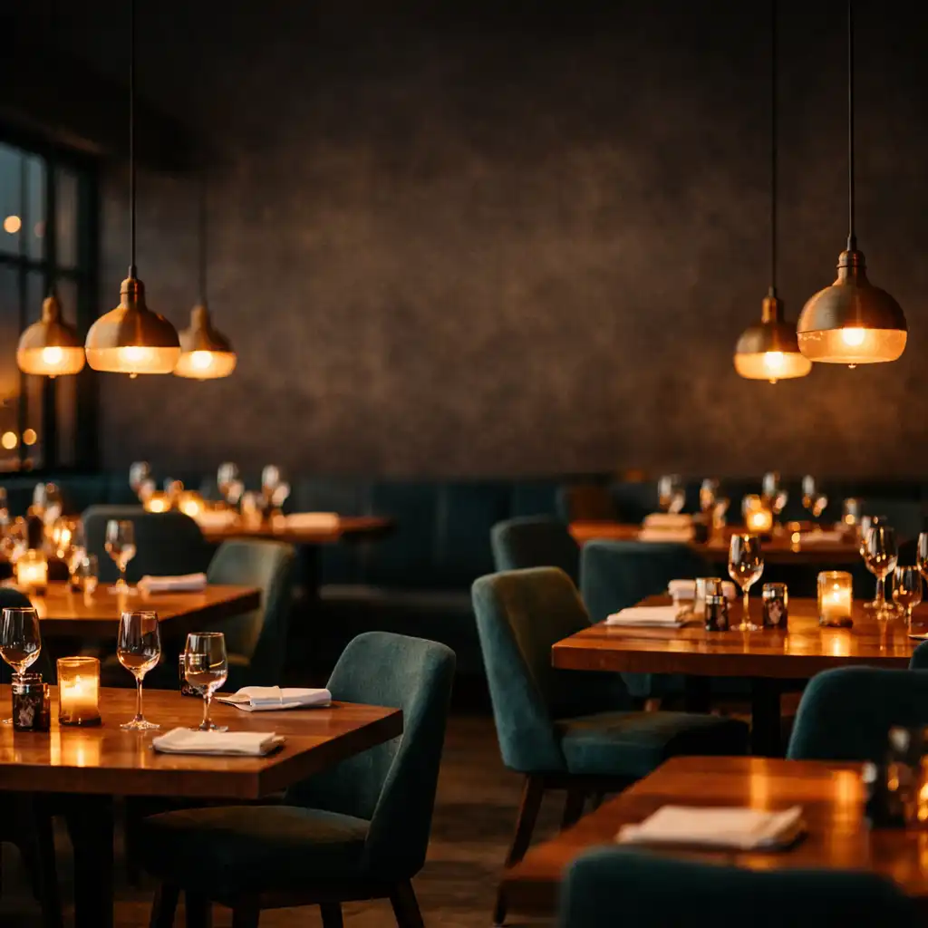 Wide view of the Savory Feast dining room with volcanic charcoal walls, deep teal chairs, and warm pendant lights over timber tables