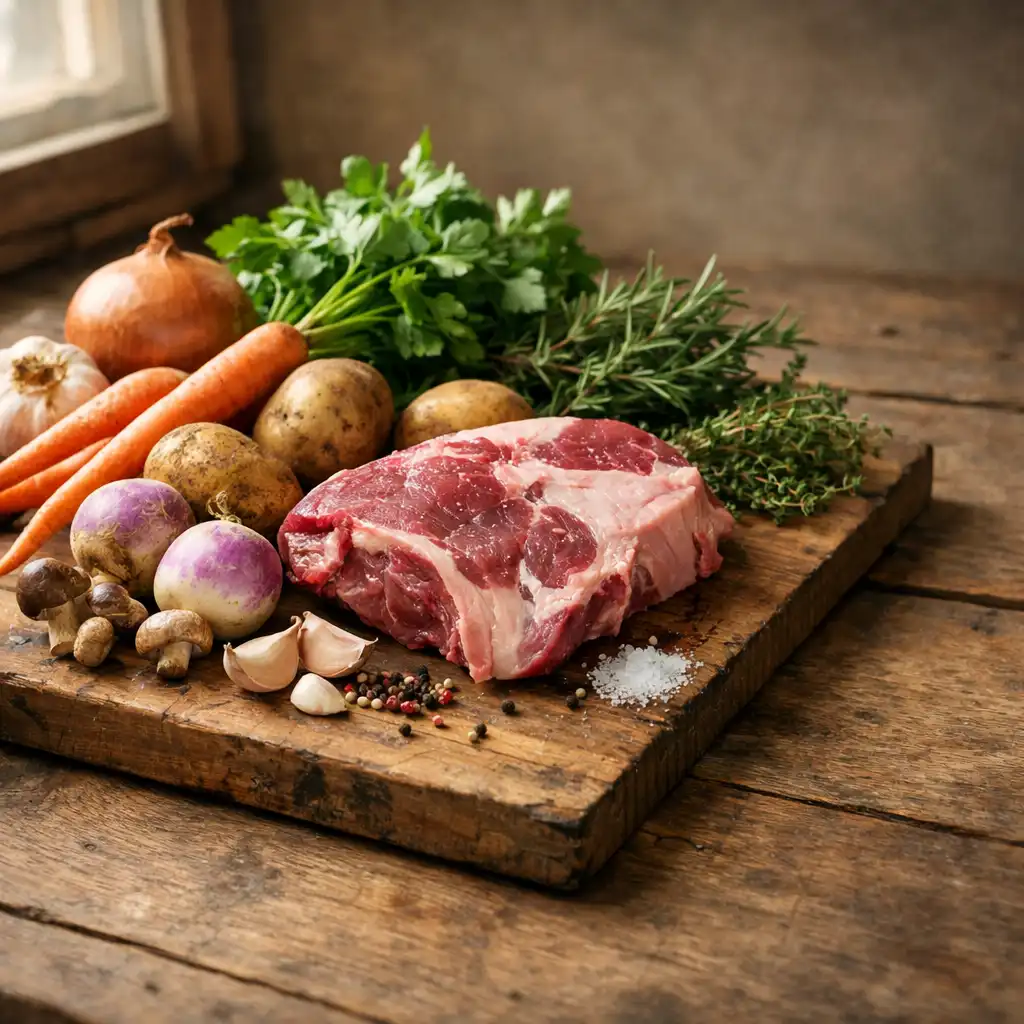 Fresh seasonal ingredients including root vegetables, herbs, and a cut of lamb arranged on a natural timber board