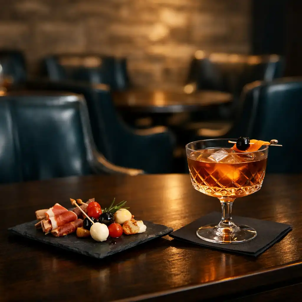 A refined poker lounge table with a small plate of appetizers and a craft cocktail, soft ambient lighting, and warm stone walls