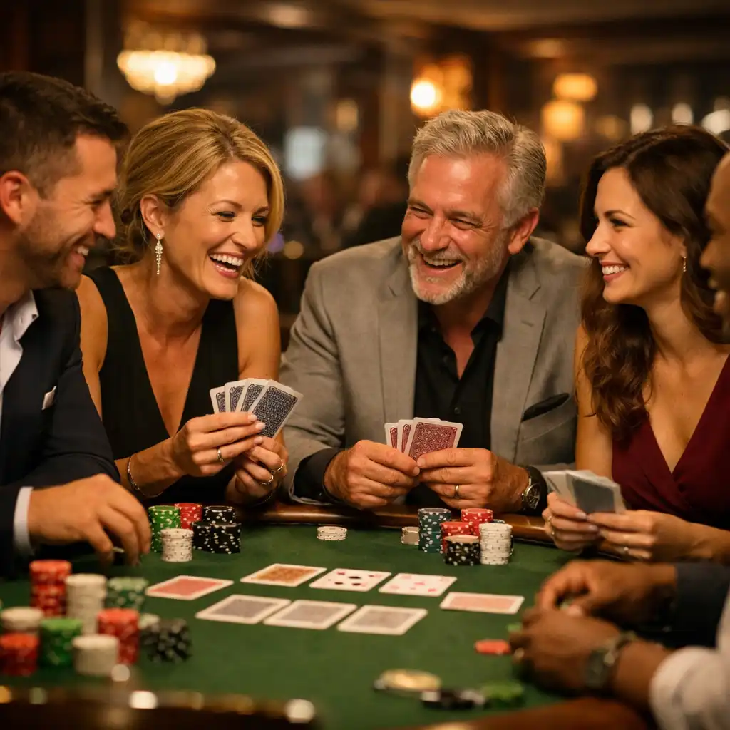 A friendly group enjoying a social poker game in the Savory Feast lounge