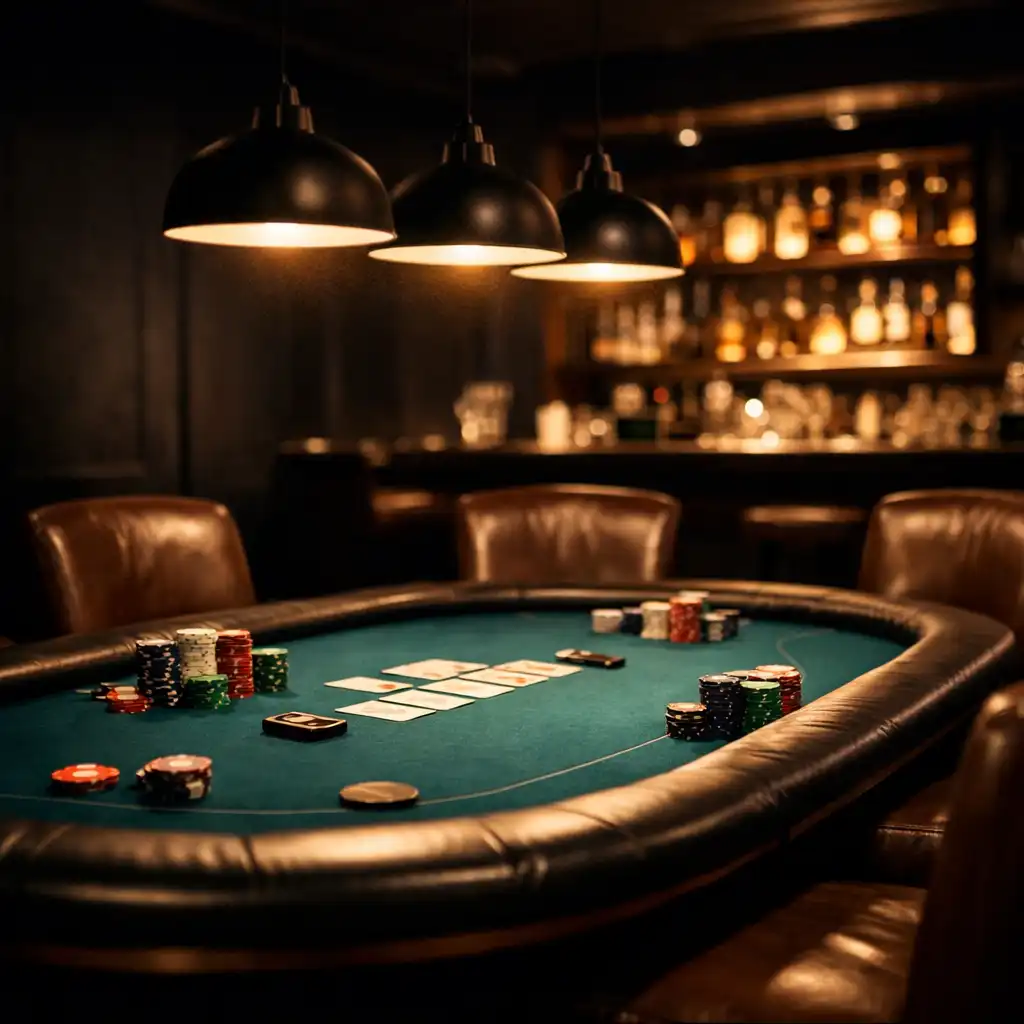Private poker lounge with dark charcoal walls, a professional poker table with deep teal felt, and low pendant lights