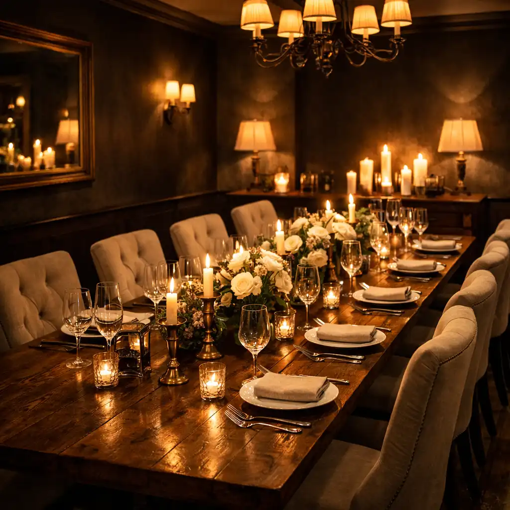 Private dining room set for an event with a long timber table, upholstered chairs, and soft candlelight