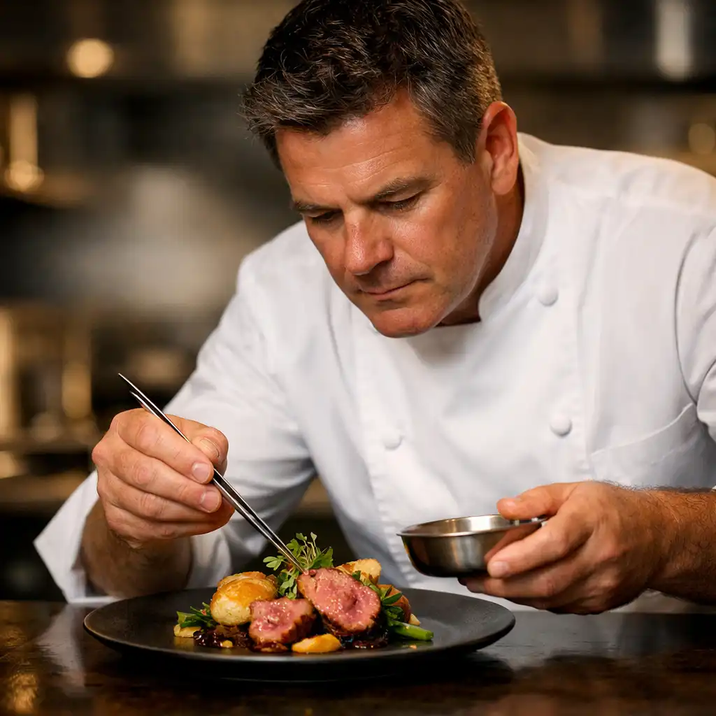 New Zealand chef plating a signature dish with precision in a modern kitchen