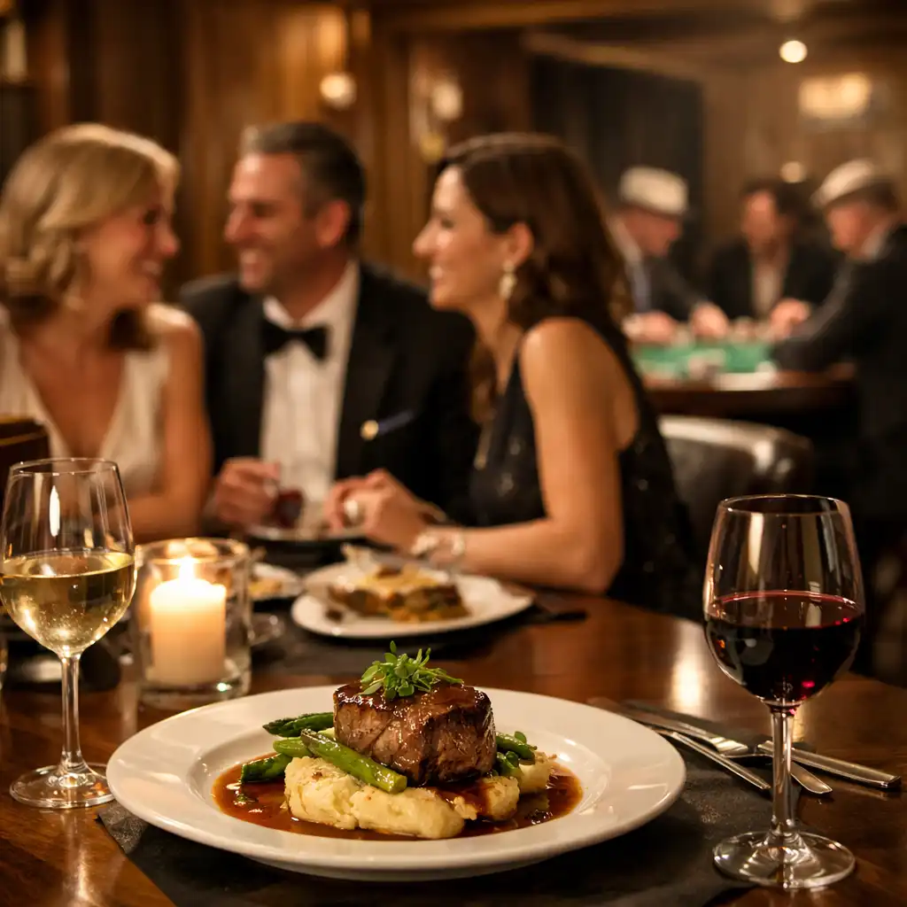 Elegantly dressed guests enjoying a private dinner in a warm timber-accented dining room