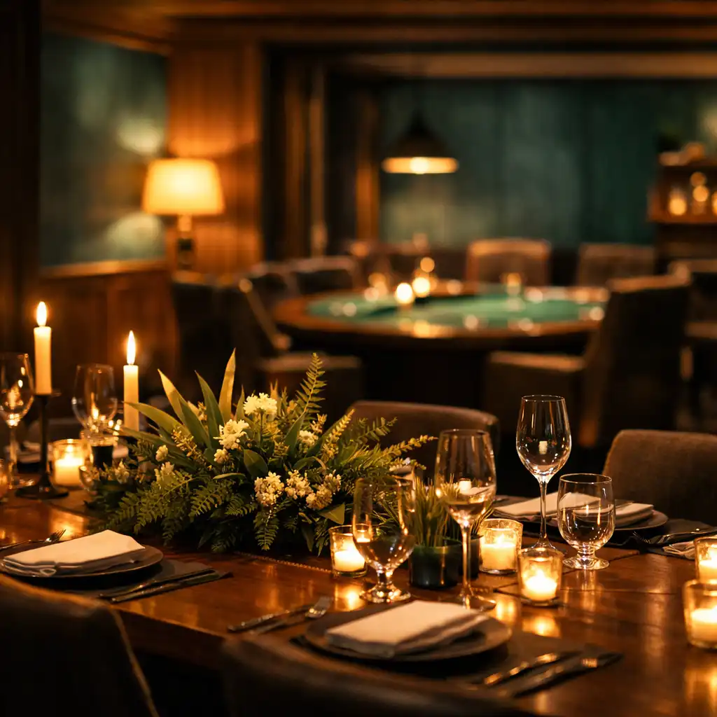 Beautifully set private dining table with warm ambient lighting and a hint of the poker lounge in the background