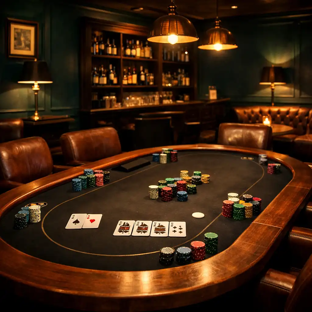Luxurious poker lounge with deep teal walls, natural timber tables, and plush leather chairs