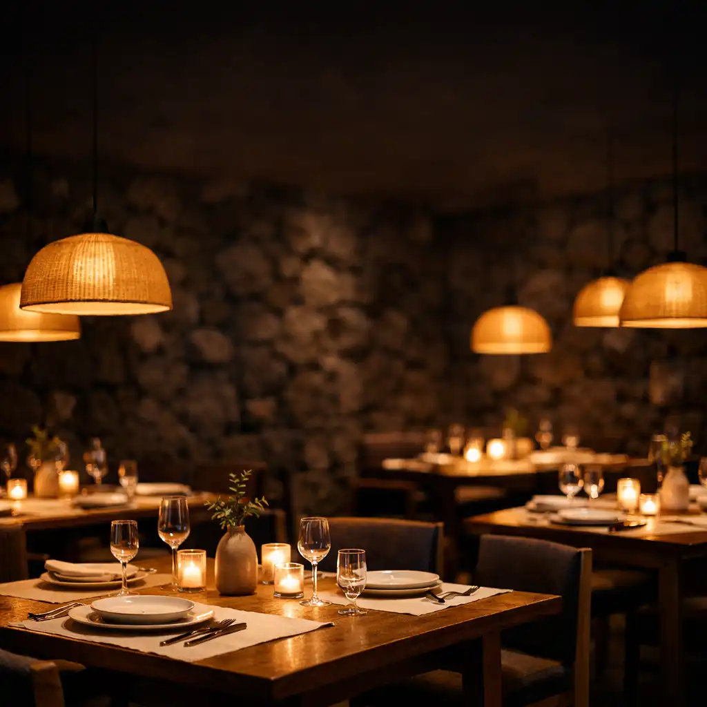 Elegant dining room with warm ambient lighting, volcanic stone walls, and timber tables set with ivory linens