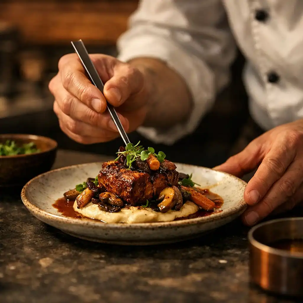 Chef's hands carefully plating a seasonal dish in the Savory Feast kitchen