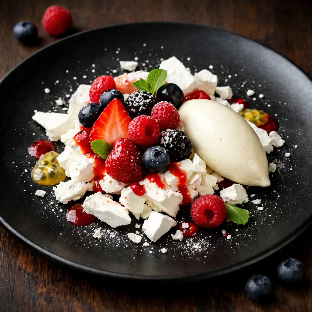 Deconstructed pavlova with fresh berries and cream