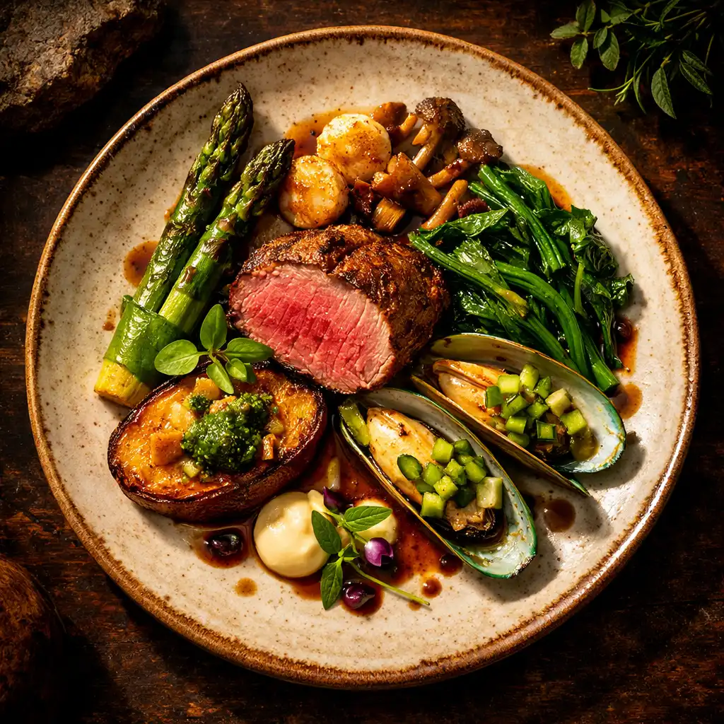 Overhead view of a beautifully plated signature dish with seasonal New Zealand ingredients
