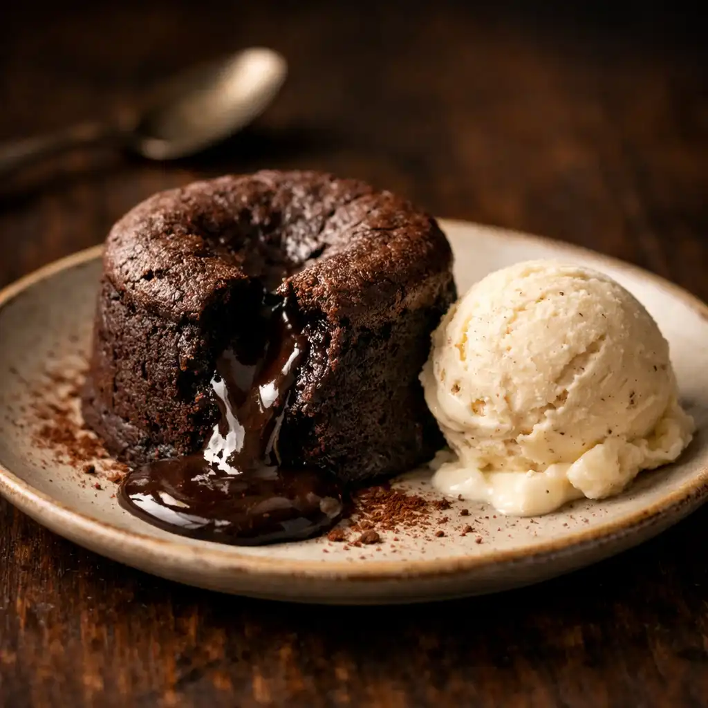 Dark chocolate fondant with molten center and vanilla bean ice cream