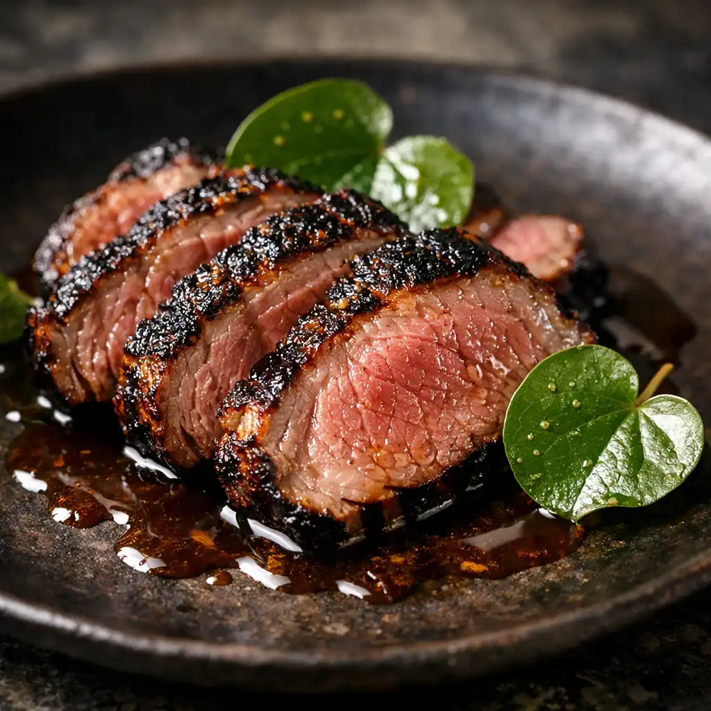 Charred lamb rump slices on a dark plate with kawakawa leaves and jus