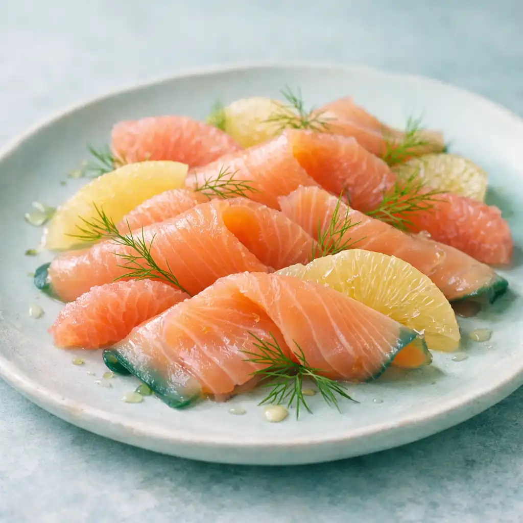 Teal-smoked salmon slices with citrus segments and fennel fronds